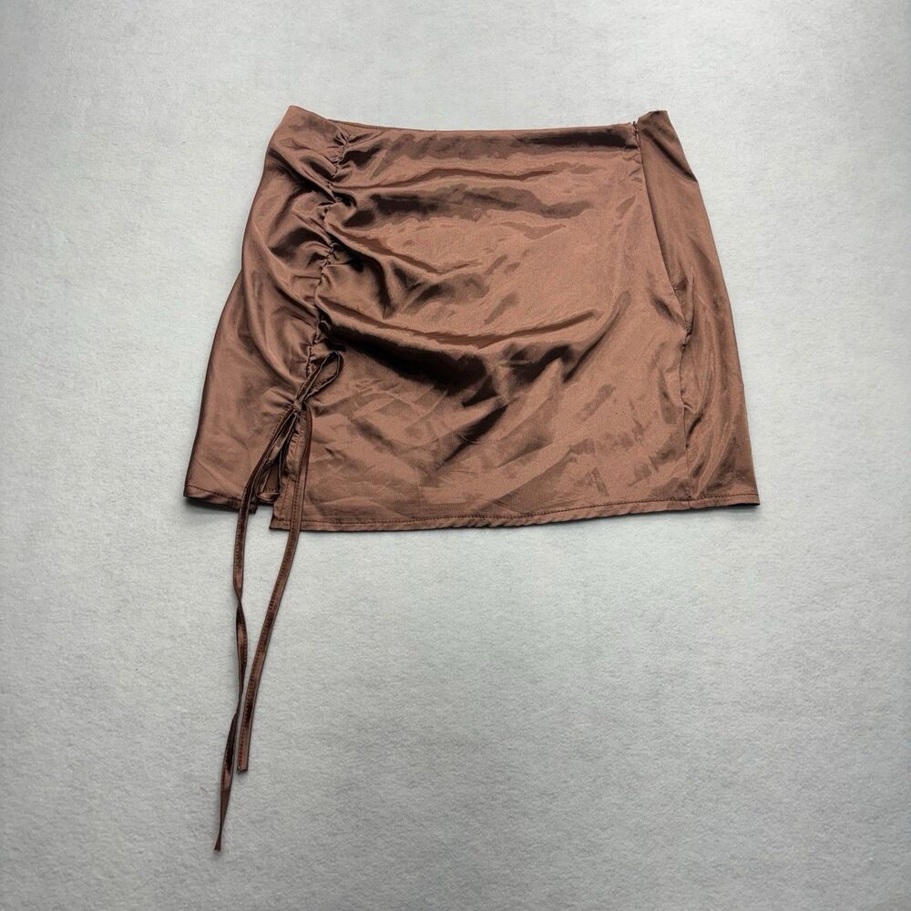 Blush Mark Women’s Satin Mini Skirt Bronze Ruched Drawstring Side Size L